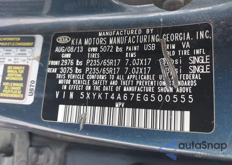 2014 Kia Sorento Lx z USA, uszkodzony, nr VIN 5XYKT4A67EG500555